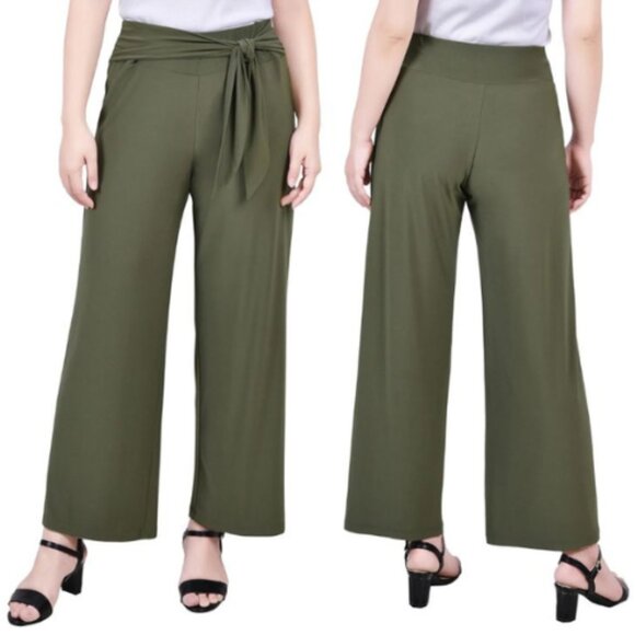 NY Collection Women's Petite Cropped Pull On Pants With Sash Oil Green PL NWT - Picture 1 of 5